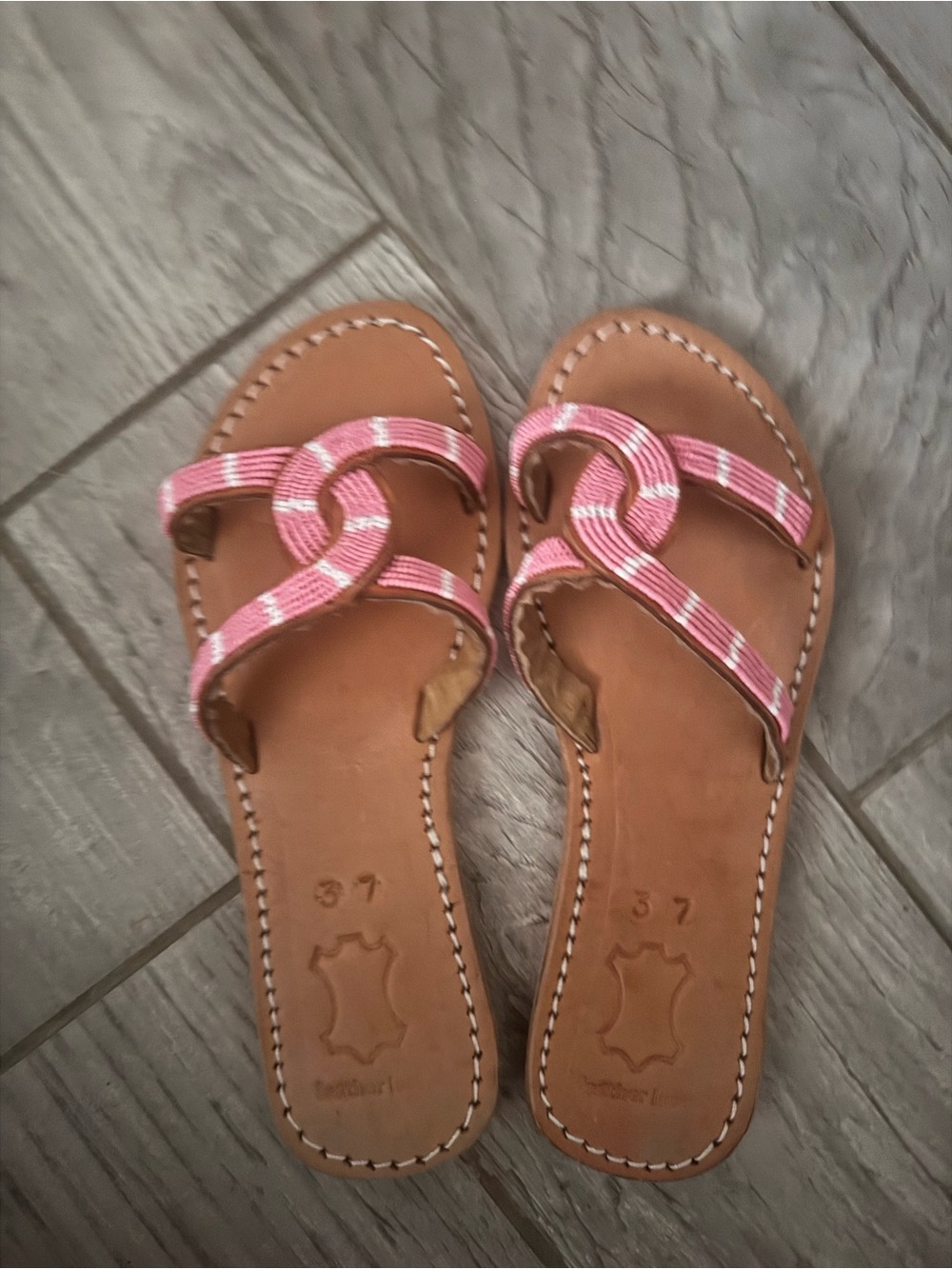 Women's African  Pink Beaded Strap Leather Slide Sandals